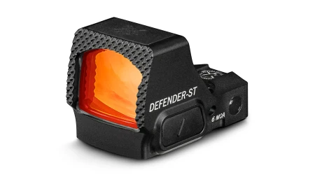 Vortex Defender ST 3 MOA przód i lewa strona z przyciskiem do regulacji jasności.