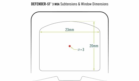Wymiary znaku celowniczego wraz z soczewką kolimatora Vortex Defender ST 3 MOA.