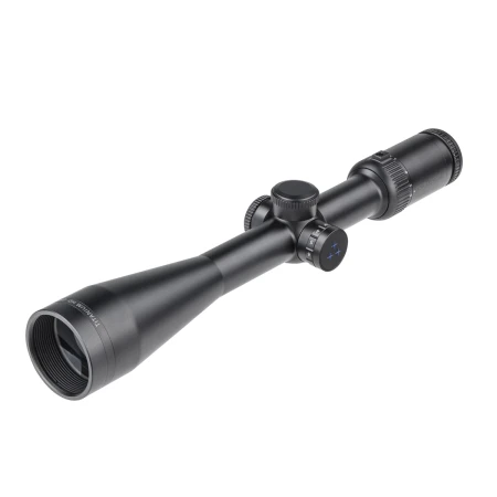 Luneta celownicza Delta Titanium HD 2,5-10x50 4A S - przód i lewa strona z pokrętłem regulacji podświetlenia.