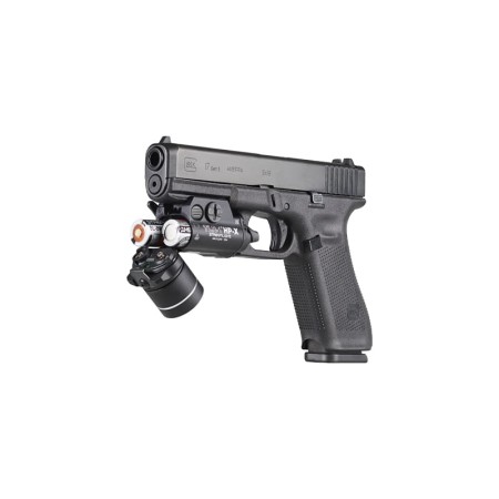 Streamlight TLR-1 HP-X USB na pistolecie Glock z odsuniętą głowicą.