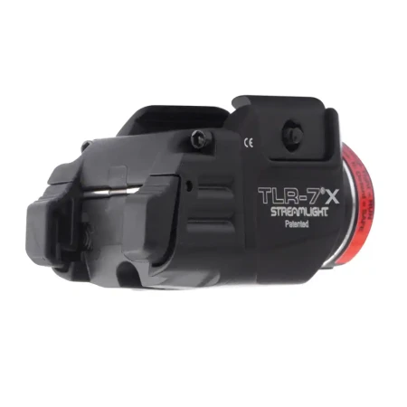 Latarka taktyczna Streamlight TLR-7 X USB - 500 lm na białym tle. Widok od tyłu i z prawej strony na włączniki do sterowania.