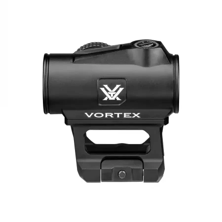 Kolimator Vortex Triumph 2 MOA na białym tle. Widok z lewej strony. Zamontowany jest na wysokim montażu picatinny.