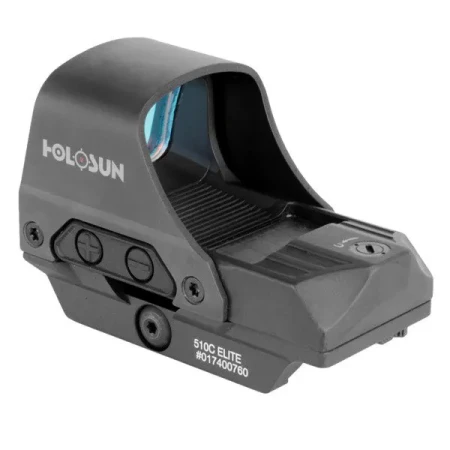 Holosun HS510C - kolimator otwarty na karabin. Tył i lewa strona z przyciskami do regulacji jasności.