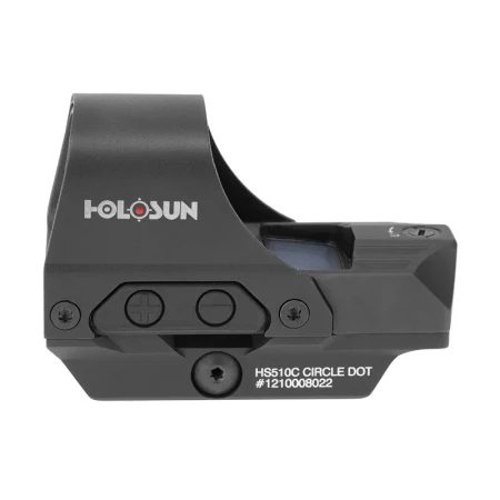 Holosun HS510C - kolimator otwarty na karabin. Lewa strona z przyciskami do regulacji jasności.