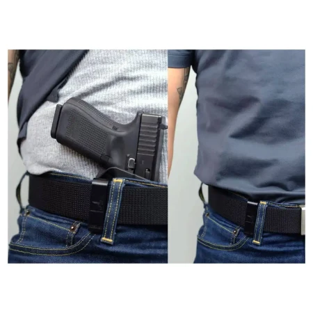 Kabura Bravo Concealment Torsion IWB zamocowana na pasku. Obok prezentacja widoczności kabury przy koszulce wpuszczonej w spodnie.