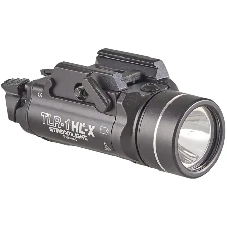 Streamlight_TLR-1_HL-X_USB przód i prawa strona z montażem do szyny, wysokimi włącznikami i dźwignią do blokowania montażu.