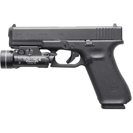 Streamlight_TLR-1_HL-X_USB z wysokimi włącznikami, zamontowana na pistolecie Glock - prawa strona.