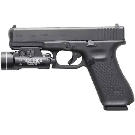 Streamlight_TLR-1_HL-X_USB z niskimi włącznikami, zamontowana na pistolecie Glock - prawa strona.