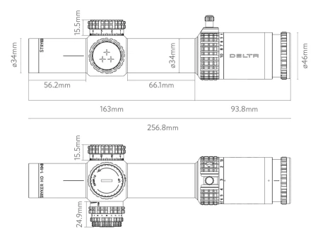 Rysunki techniczne wraz z wymiarami lunety Delta Stryker HD 1-10x28 SDOG-1.