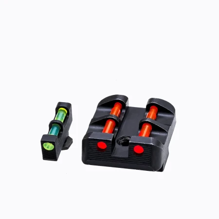 Przyrządy celownicze HIVIZ Target Sight Set for Glock na białym tle, w konfiguracji zielona muszka, czerwona szczerbinka.