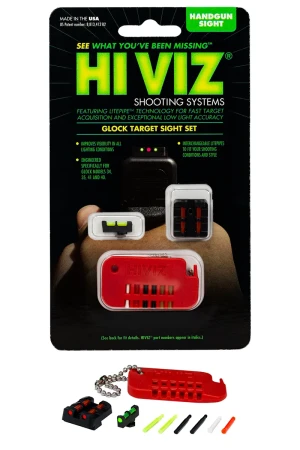 Przyrządy celownicze do Glocka HIVIZ Target Sight Set w fabrycznym opakowaniu z widocznymi elementami zestawu.