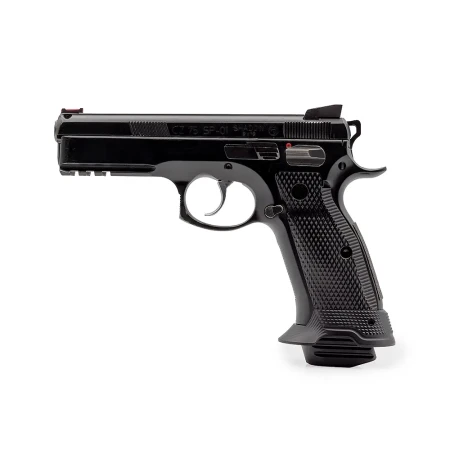 Lejek do SP-01 Shadow - Ultimate Magwell Eemann Tech zamontowany na pistolecie. Lewa strona.