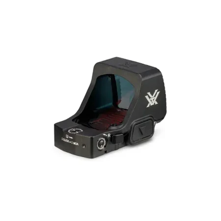Kolimator pistoletowy Vortex Defender XL 8 MOA - tył i prawa strona z przyciskiem blokady klapki baterii.