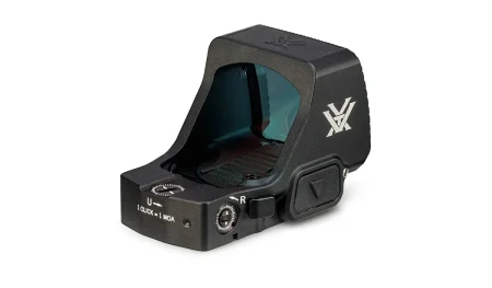 Vortex Defender XL 3 MOA GREEN - tył i prawa strona z przyciskiem do otwierania klapki baterii.