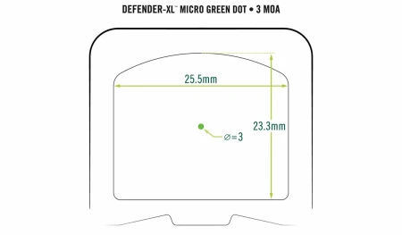 Wymiary okna i znaku celowniczego kolimatora Vortex Defender XL 3 MOA GREEN.