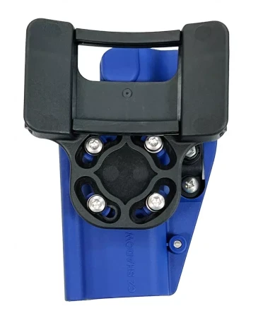 Niebieska kabura Double Alpha DAA MAX IDPA Holster od strony montażu na pas. Regulacja wysokości przy pomocy wkładów dystansowych.