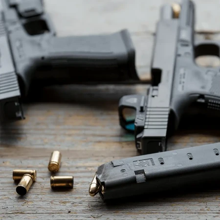 Magazynek pistoletowy 33 nabojowy Leapers UTG na stole obok amunicji i pistoletów Glock.