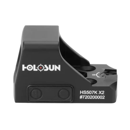 Lewa strona kolimatora Holosun HS507K X2 z przyciskami sterującymi.