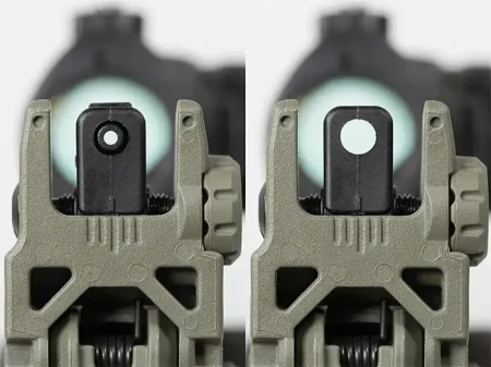 Dwie konfiguracje otworu celowniczego przeziernika AR15 Magpul MBUS Rear Sight.