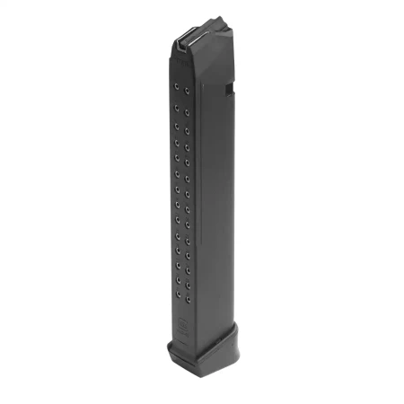 Glock oryginalny magazynek 33 naboje na białym tle - tył i prawa strona.