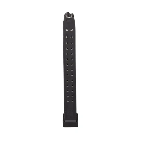 Glock oryginalny magazynek 33 naboje - tylna krawędź z otworami rewizyjnymi do kontroli stanu załadowania.