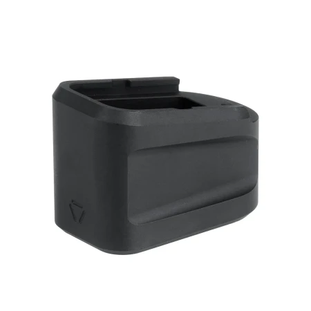 Strike Industries aluminiowa powiększona stopka magazynka Glock 19 +5 na białym tle.