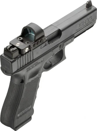 Metalowe wysokie przyrządy celownicze na pistolecie Glock. LPA RDS01GL6F dające co-witness.