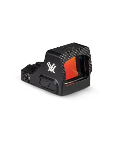 Vortex Defender CCW 6 MOA - Kolimator pistoletowy. Przód z teksturą Fast-Rack i prawa strona z przyciskiem regulacji.