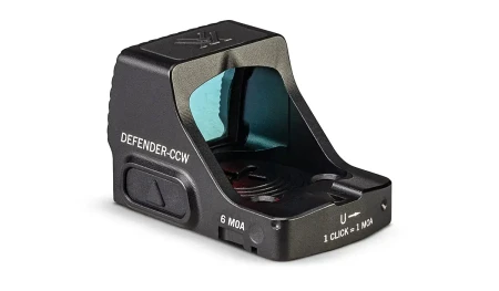 Kolimator Vortex Defender CCW 6 MOA - lewa strona z przyciskiem regulacji i tył ze szczerbinką dla co-witness.