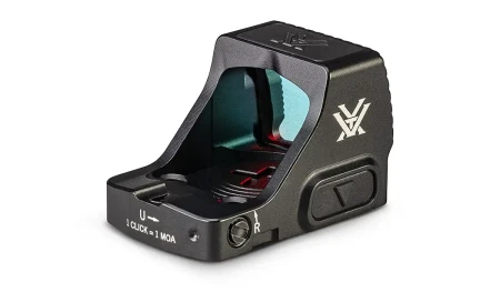 Kolimator Vortex Defender CCW 6 MOA - prawa strona z przyciskiem regulacji i tył ze szczerbinką dla co-witness.