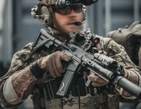 Unity Tactical podwyższony montaż kolimatora FAST Micro Footprint na karabinku Heckler & Koch razem z powiększalnikiem.