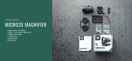 Elementy zestawu powiększalnika Vortex Micro3X Magnifier V3XM.
