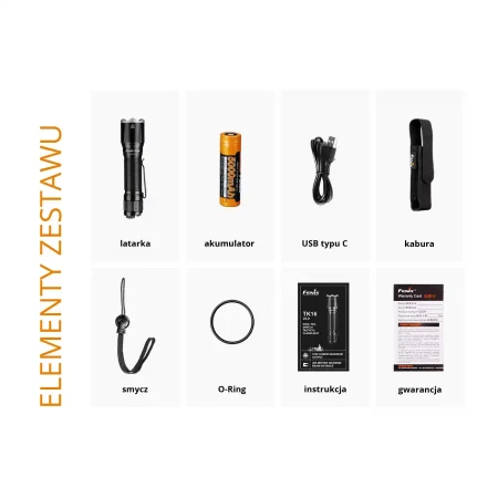Elementy zestawu latarki Fenix TK16 V2.0.