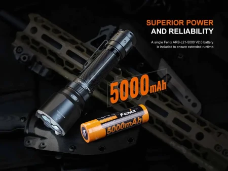 Latarka taktyczna Fenix TK22R – 3200 lm obok karabinka AR15.