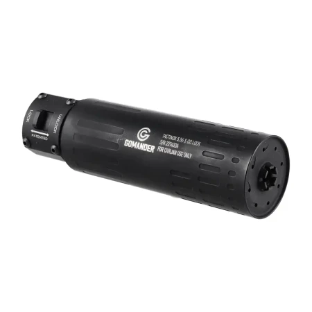 Gomander TACTINOX QD-LOCK S 5.56 mm - Tłumik dźwięku na białym tle, z przednimi otworami do odprowadzania gazów prochowych.