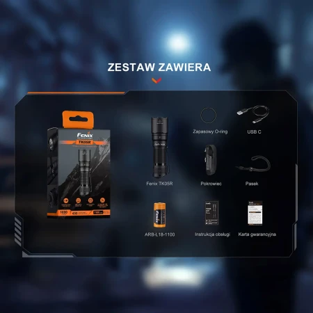 Fenix TK05R – Latarka taktyczna LED, 1000 lm - zawartość zestawu.
