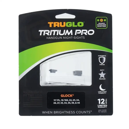 TruGlo Tritium PRO - Trytowe przyrządy celownicze Glock - Pomarańczowe w opakowaniu na białym tle.
