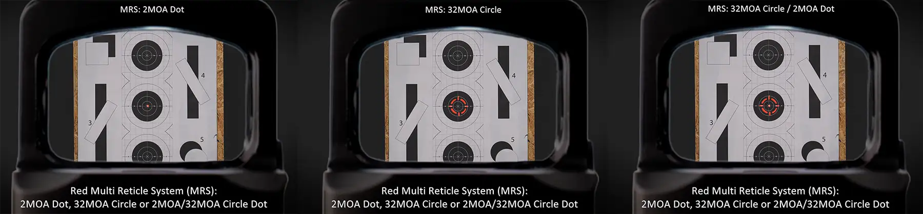 Różne konfiguracje znaku celowniczego kolimatora Holosun EPS CARRY RD MRS.