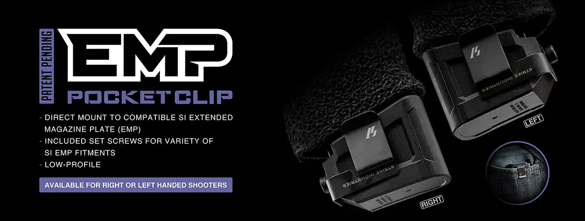 Infografika klipsa Pocket Clip dla stopki Strike Industries EMP.