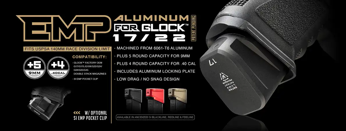 Infografika stopki zwiększającej pojemność magazynka Glock 17 Strike Industries EMP.