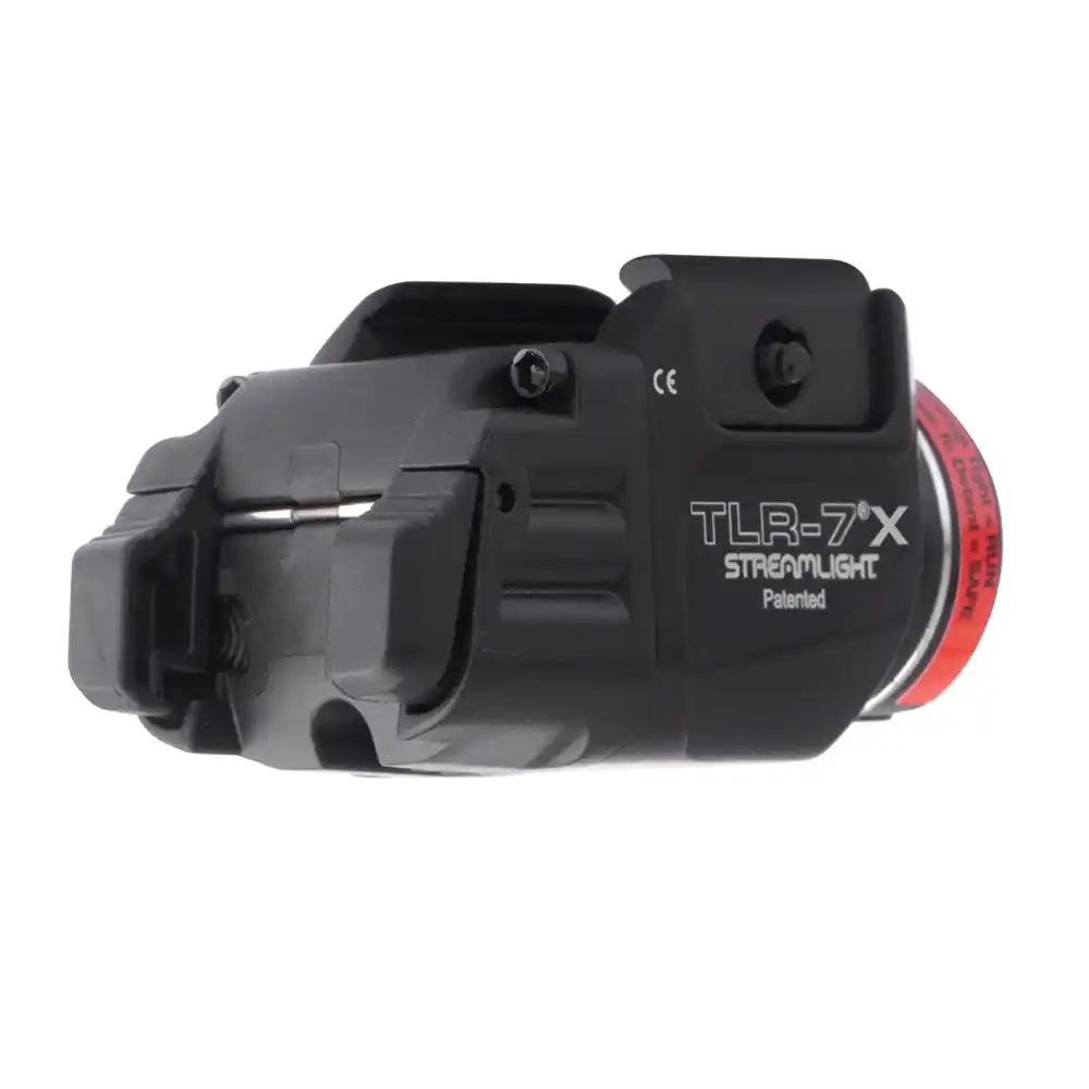 Latarka taktyczna Streamlight TLR-7 X USB - 500 lm na białym tle. Widok od tyłu i z prawej strony na włączniki do sterowania.