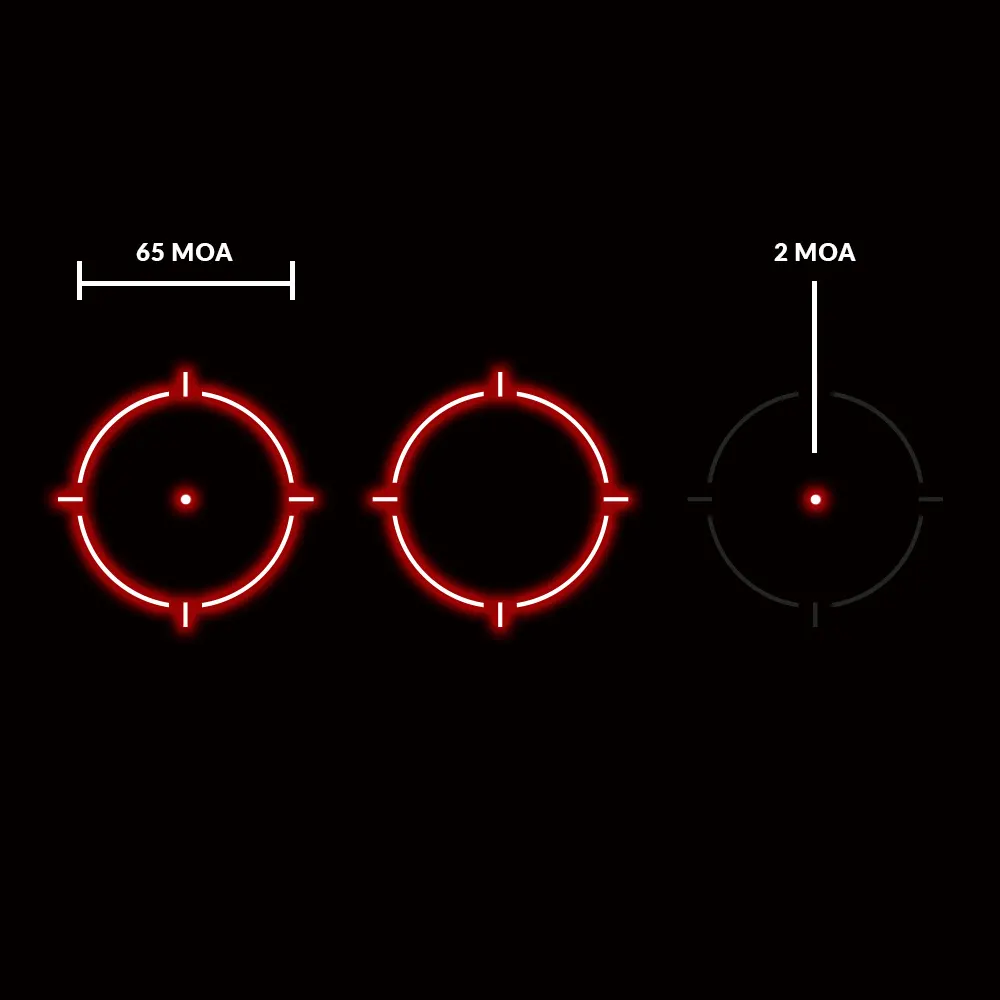 Rodzaje i wymiary znaków celowniczych kolimatora Holosun HS510C w wersji czerwonej red dot.