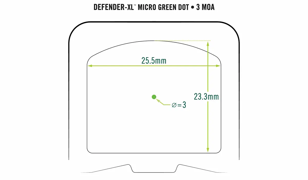 Wymiary okna i znaku celowniczego kolimatora Vortex Defender XL 3 MOA GREEN.