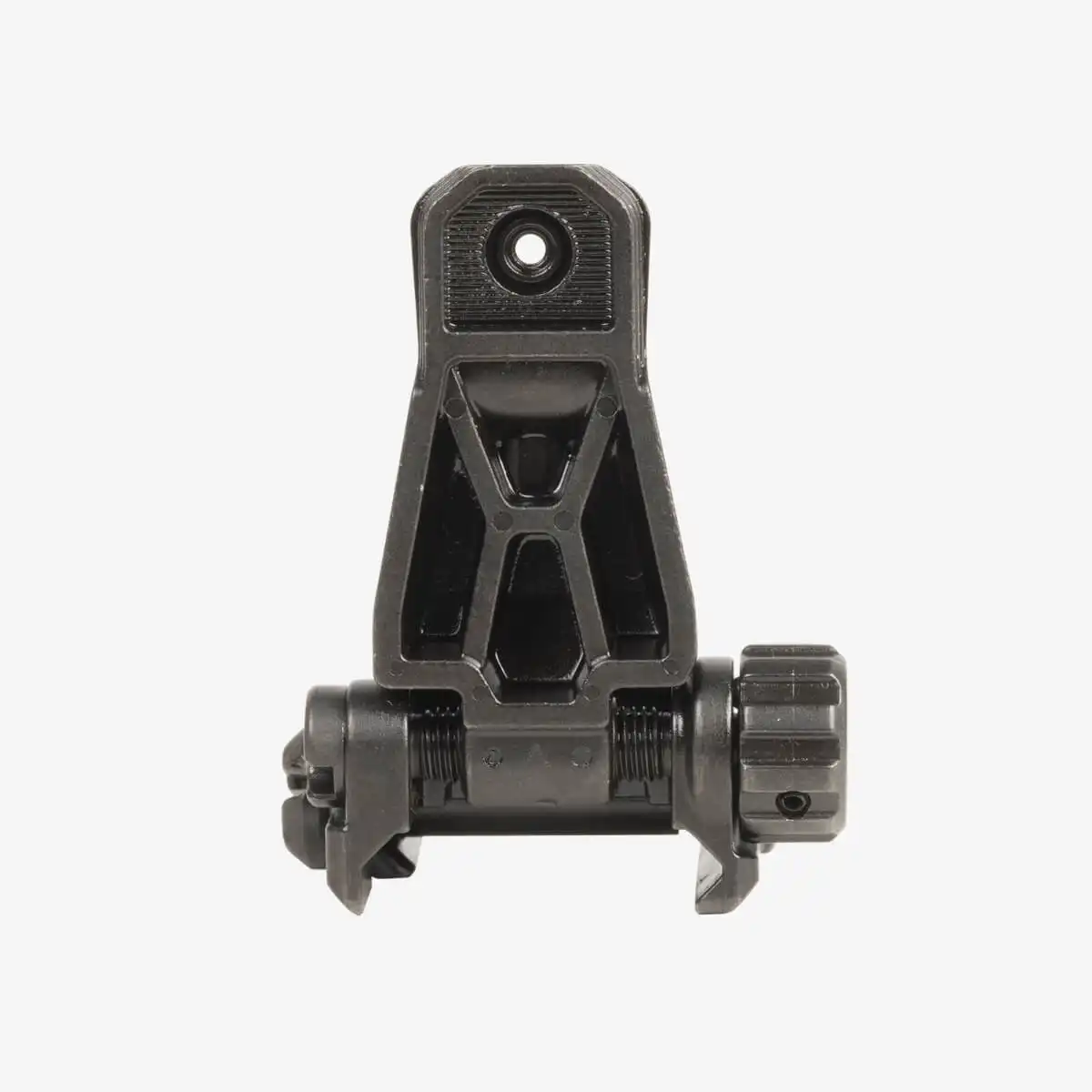 Magpul MBUS Pro Rear Sight – stalowy składany przeziernik celowniczy AR15 w pozycji rozłożonej na białym tle od tyłu.
