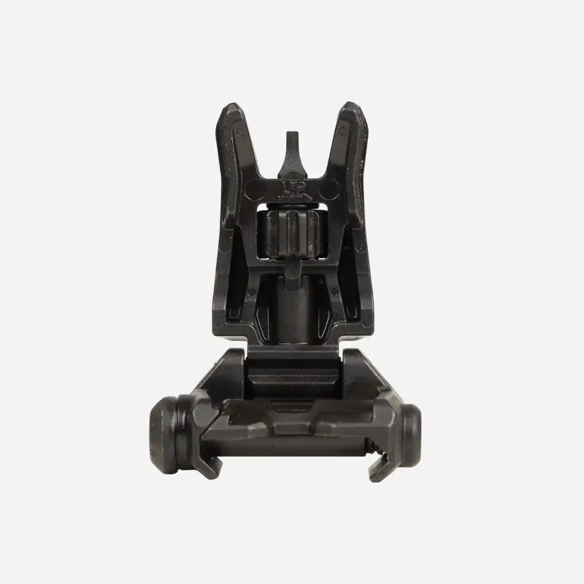 Magpul MBUS Pro Front Sight – stalowa składana muszka celownicza AR15 w pozycji rozłożonej. Widok od tyłu.