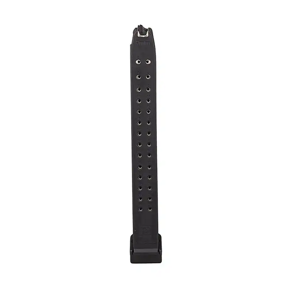 Glock oryginalny magazynek 33 naboje - tylna krawędź z otworami rewizyjnymi do kontroli stanu załadowania.