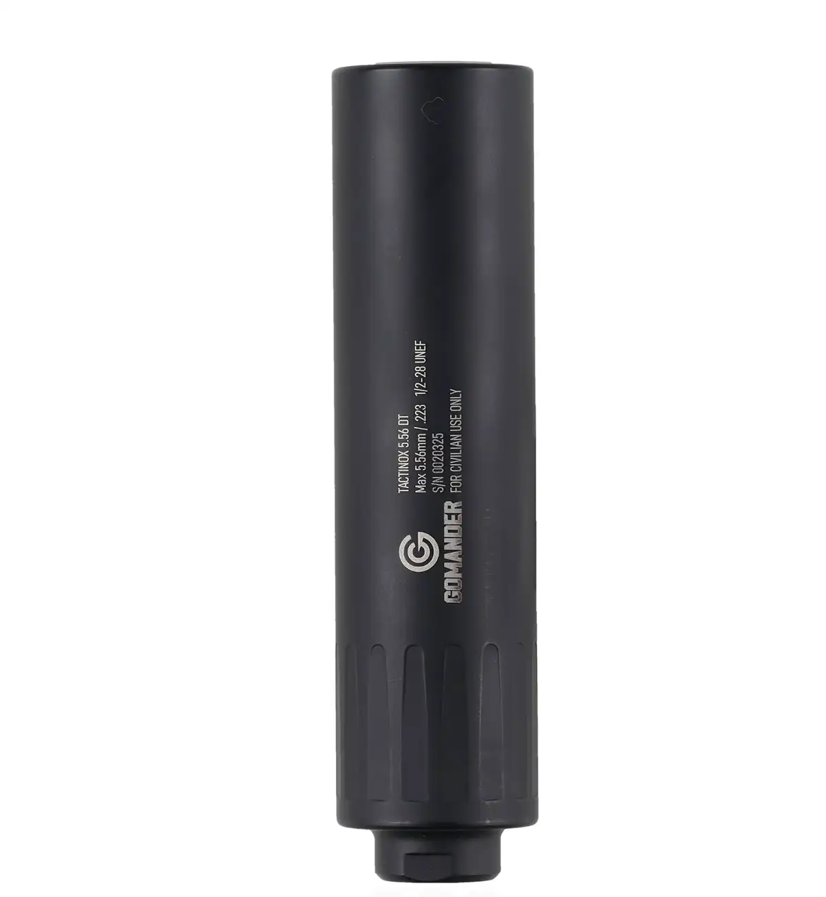 Tłumik dźwięku Gomander Tactinox DT 5,56 1/2x28 na białym tle.